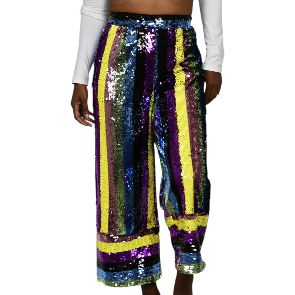 Fashion Nova Sequin Pant Rainbow Stripe Multicolor Cropped Wide Colorblock Small
